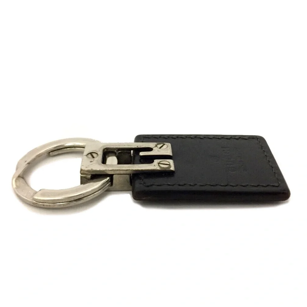 GUCCI Logo Silver Metal Tone Leather Key Holder Charm Unisex Vintage Authentic